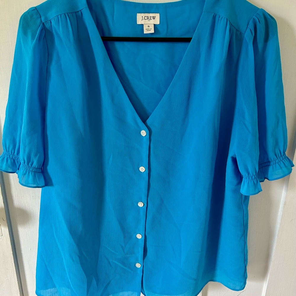 J Crew Bright Blue Puff-Sleave Blouse S